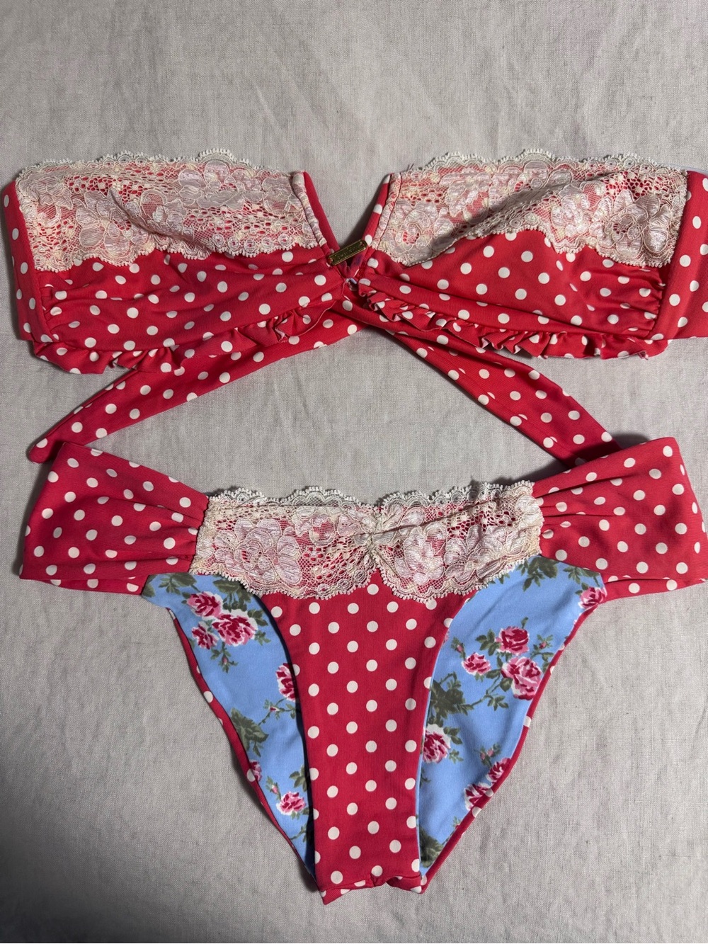 Red Polka Dot Lace Bandeau Bikini Set - Women Swim